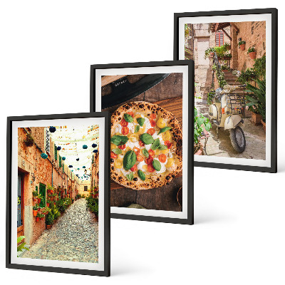 Set de 3 cuadros para salón Calles encantadoras con pizza