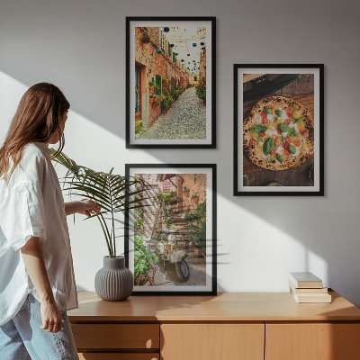 Set de 3 cuadros para salón Calles encantadoras con pizza