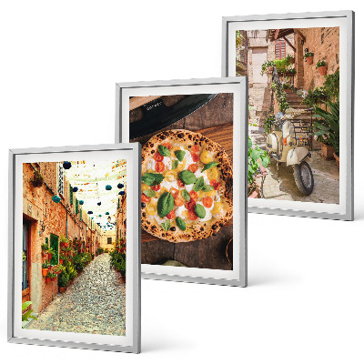 Set de 3 cuadros para salón Calles encantadoras con pizza