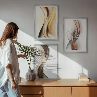 Juego de 3 cuadros con diseño de ondas en tonos amarillo y gris amarronado
