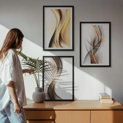 Juego de 3 cuadros con diseño de ondas en tonos amarillo y gris amarronado