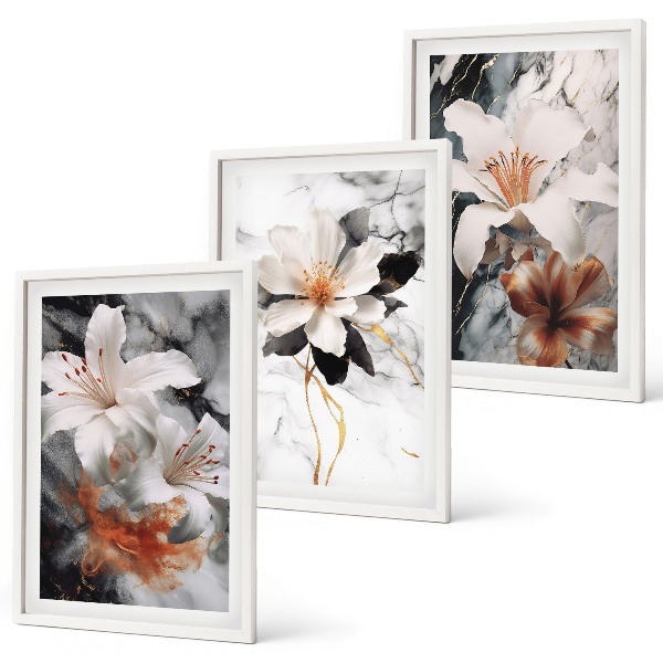 Set de 3 cuadros para salón Flores mármol blanco negro