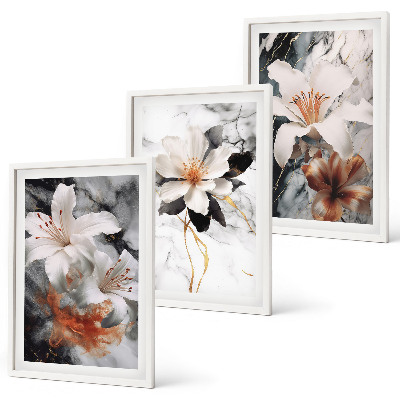 Set de 3 cuadros para salón Flores mármol blanco negro