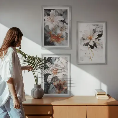 Set de 3 cuadros para salón con diseño de flores en mármol blanco y negro