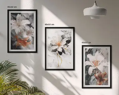 Set de 3 cuadros para salón con diseño de flores en mármol blanco y negro
