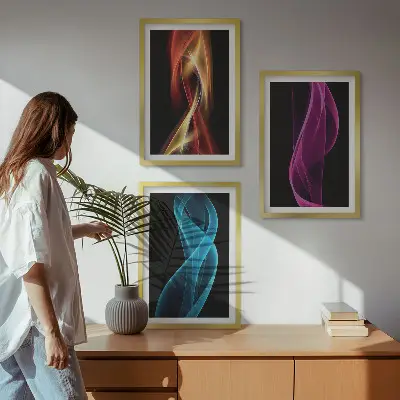 Juego de 3 cuadros diseño de ondas de neón con líneas sobre fondo oscuro