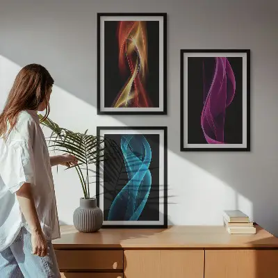 Juego de 3 cuadros diseño de ondas de neón con líneas sobre fondo oscuro