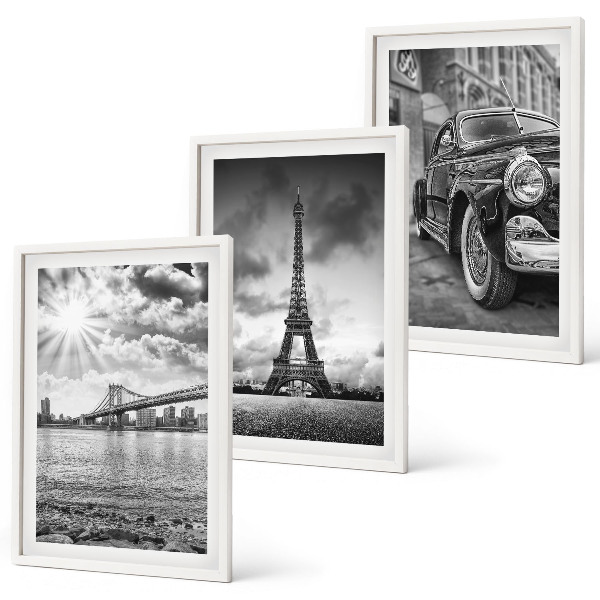 Set de 3 cuadros para salón Vistas de la ciudad, puentes, Torre Eiffel