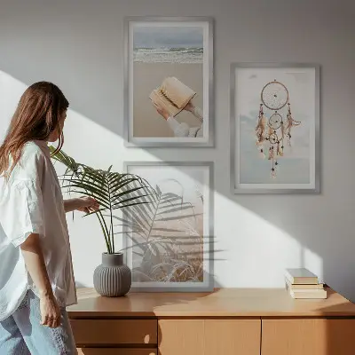Set de 3 cuadros para salón con diseño de paisajes bohemios veraniegos y tranquilos