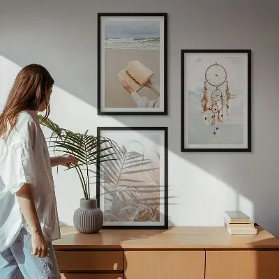 Set de 3 cuadros para salón con diseño de paisajes bohemios veraniegos y tranquilos