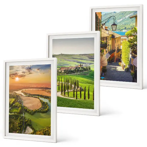 Set de 3 cuadros para salón con diseño de paisajes italianos y calle del río