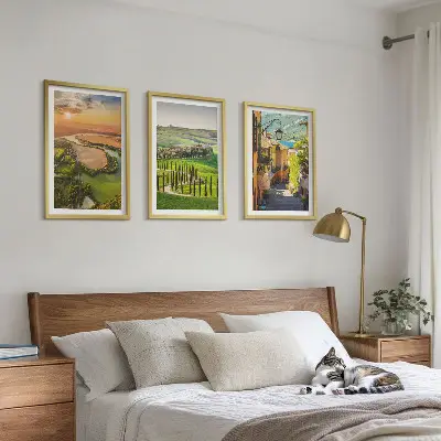 Set de 3 cuadros para salón con diseño de paisajes italianos y calle del río