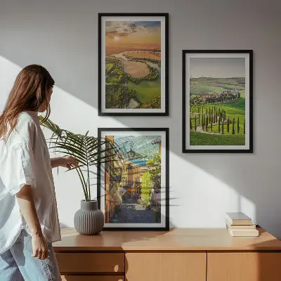 Set de 3 cuadros para salón con diseño de paisajes italianos y calle del río