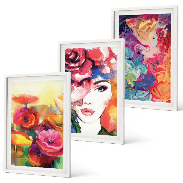 Set de 3 cuadros para salón Retrato de una mujer con flores intensas