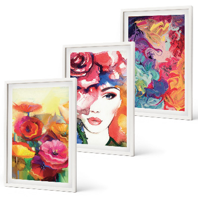Set de 3 cuadros para salón Retrato de una mujer con flores intensas