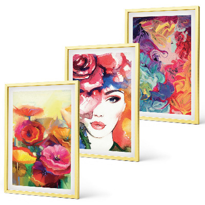 Set de 3 cuadros para salón Retrato de una mujer con flores intensas