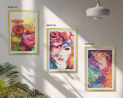 Set de 3 cuadros para salón Retrato de una mujer con flores intensas