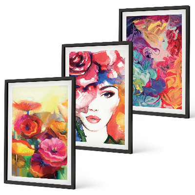 Set de 3 cuadros para salón Retrato de una mujer con flores intensas