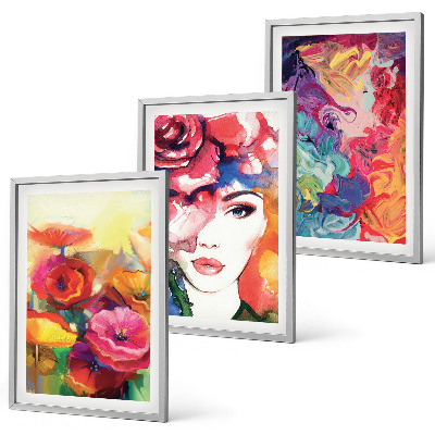 Set de 3 cuadros para salón Retrato de una mujer con flores intensas