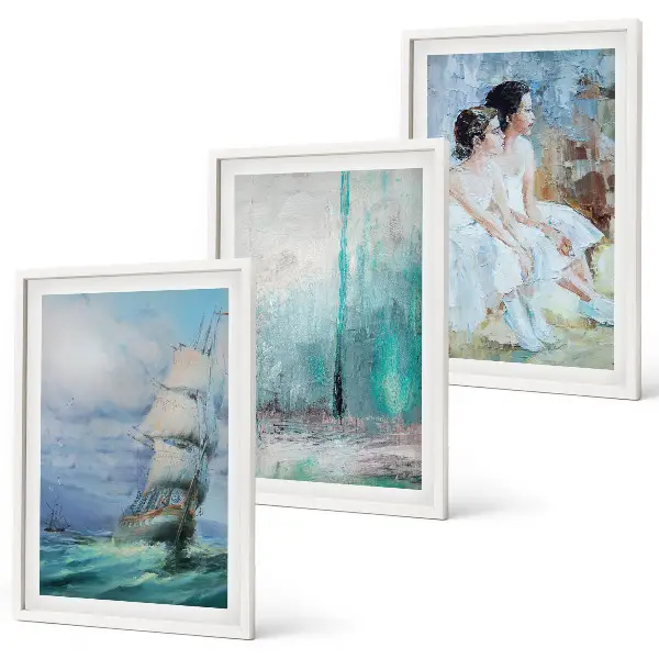 Set de 3 cuadros para salón con diseño abstracto de barco, mar y bailarín