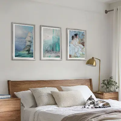 Set de 3 cuadros para salón con diseño abstracto de barco, mar y bailarín