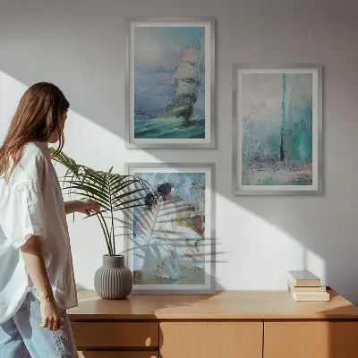 Set de 3 cuadros para salón con diseño abstracto de barco, mar y bailarín