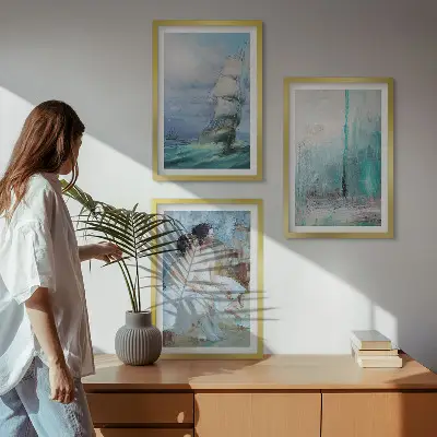 Set de 3 cuadros para salón con diseño abstracto de barco, mar y bailarín