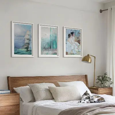 Set de 3 cuadros para salón con diseño abstracto de barco, mar y bailarín