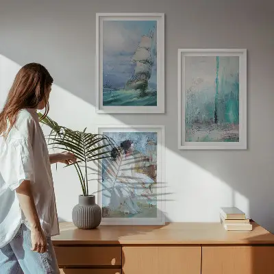 Set de 3 cuadros para salón con diseño abstracto de barco, mar y bailarín