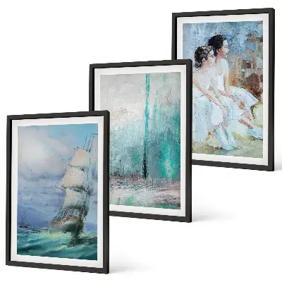 Set de 3 cuadros para salón con diseño abstracto de barco, mar y bailarín