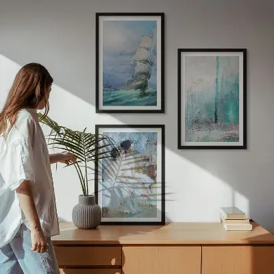 Set de 3 cuadros para salón con diseño abstracto de barco, mar y bailarín