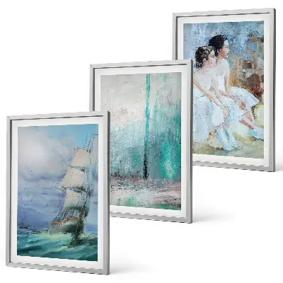 Set de 3 cuadros para salón con diseño abstracto de barco, mar y bailarín