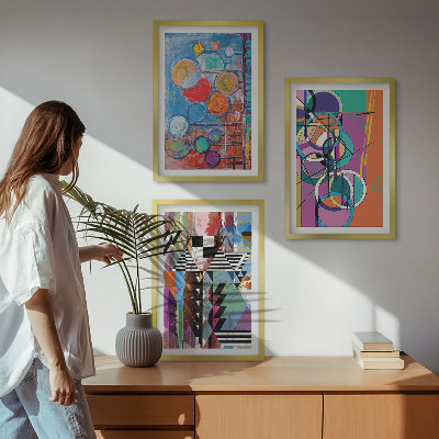 Set de 3 cuadros para salón Geometría de círculos abstractos coloridos