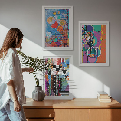 Set de 3 cuadros para salón Geometría de círculos abstractos coloridos