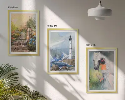 Set de 3 cuadros para salón con diseño de paisaje con faro caballo y niña
