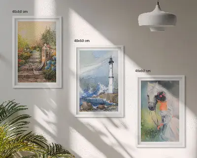 Set de 3 cuadros para salón con diseño de paisaje con faro caballo y niña
