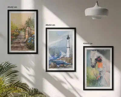 Set de 3 cuadros para salón con diseño de paisaje con faro caballo y niña