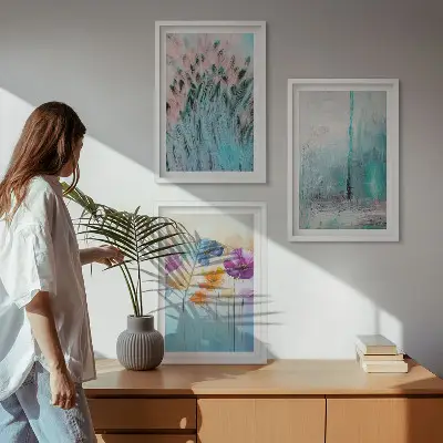 Juego de 3 cuadros con patrones de fondo de flores en tonos pastel