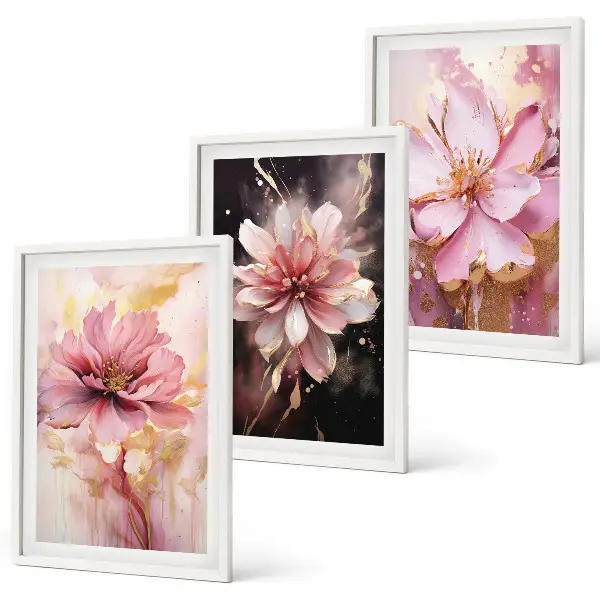 Set de 3 cuadros para salón con composiciones de rosas blancas