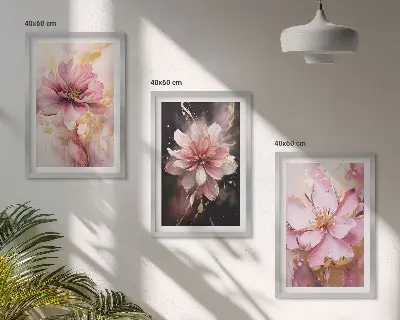 Set de 3 cuadros para salón con composiciones de rosas blancas