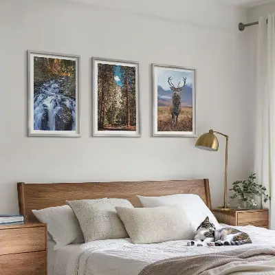 Juego de 3 cuadros con diseño de cascada, bosque, montañas y ciervo en la naturaleza