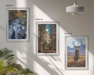 Juego de 3 cuadros con diseño de cascada, bosque, montañas y ciervo en la naturaleza