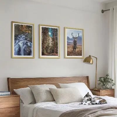 Juego de 3 cuadros con diseño de cascada, bosque, montañas y ciervo en la naturaleza