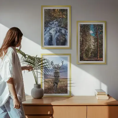 Juego de 3 cuadros con diseño de cascada, bosque, montañas y ciervo en la naturaleza