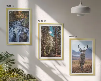 Juego de 3 cuadros con diseño de cascada, bosque, montañas y ciervo en la naturaleza