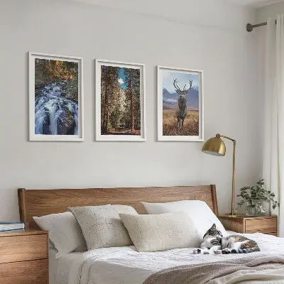 Juego de 3 cuadros con diseño de cascada, bosque, montañas y ciervo en la naturaleza