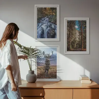 Juego de 3 cuadros con diseño de cascada, bosque, montañas y ciervo en la naturaleza