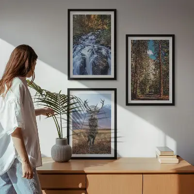 Juego de 3 cuadros con diseño de cascada, bosque, montañas y ciervo en la naturaleza
