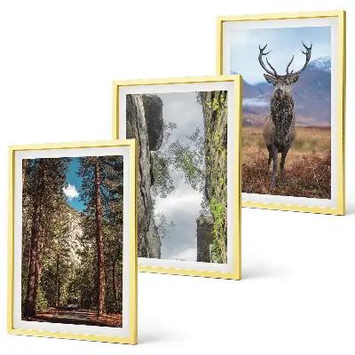 Set de 3 cuadros para salón con diseño de carretera entre bosque, montañas y ciervo