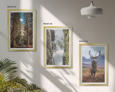 Set de 3 cuadros para salón Carretera bosque montañas ciervo naturaleza